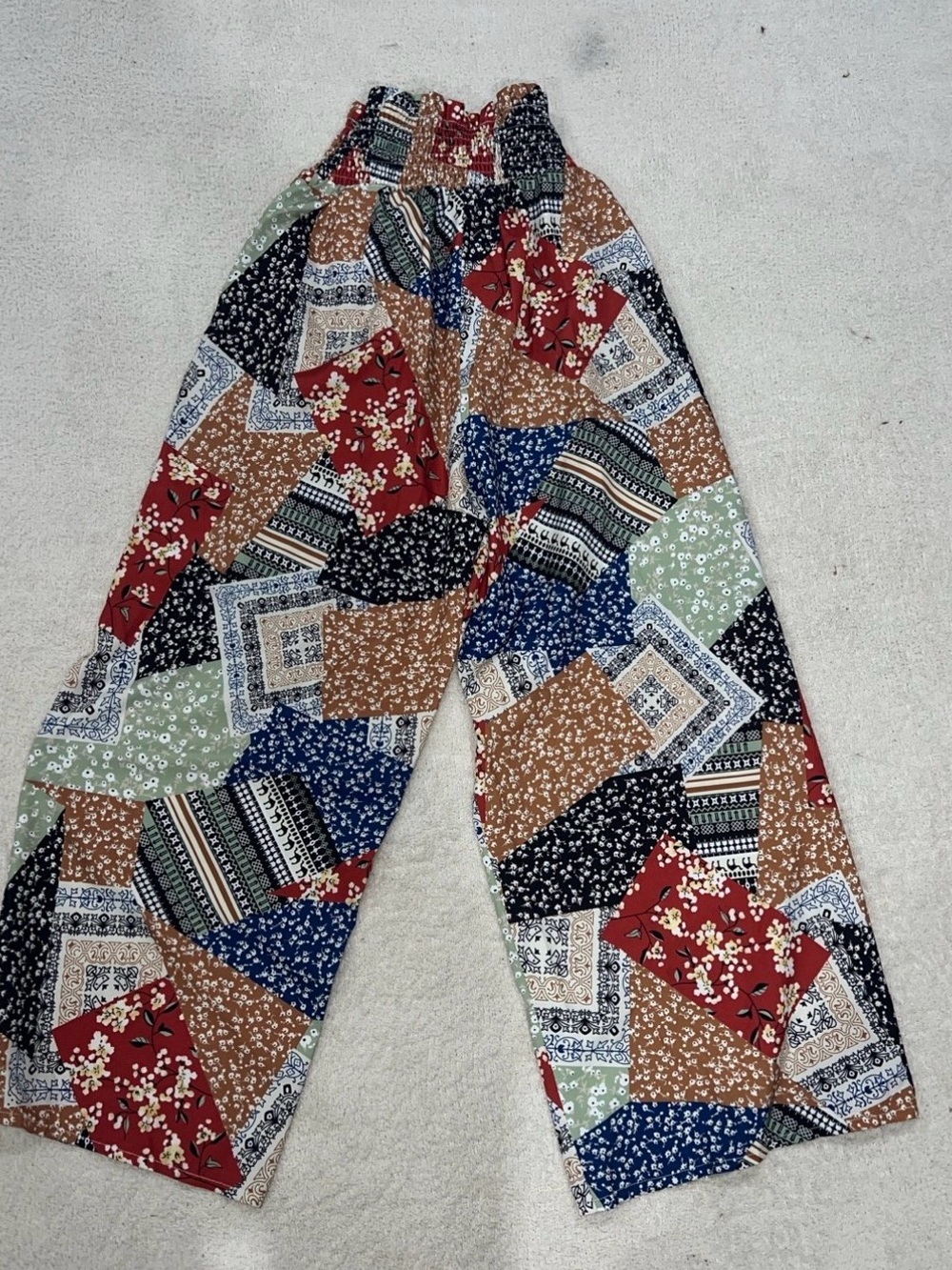 SHEIN Patchwork Wide Leg Flare Pants in Red, Blue, Brown, Green, Black